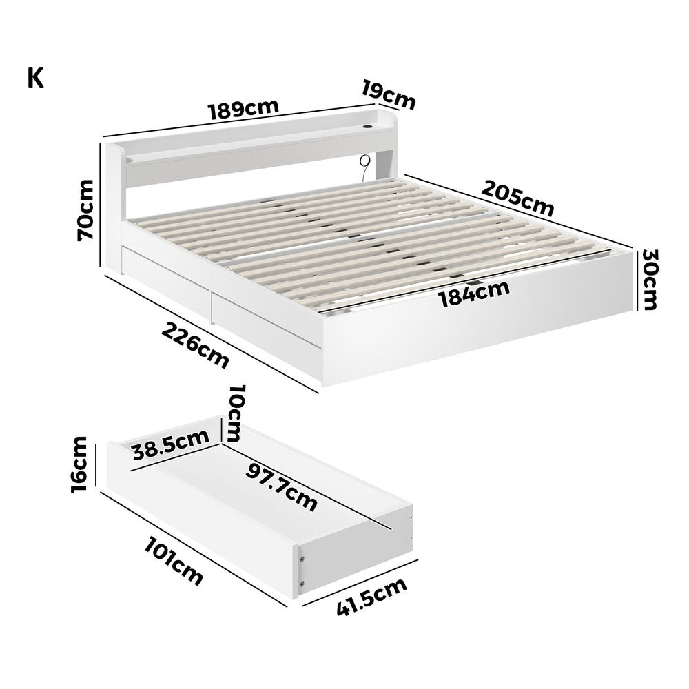 Sorrento 2 Drawer White Storage Bed and 2 Charging Ports | Multi Storage Wood Bed Frame with USB Chargers