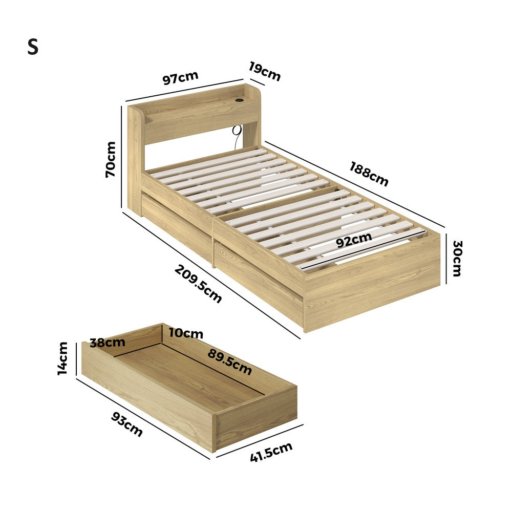 Sorrento 2 Drawer Wooden Storage Bed and 2 Charging Ports | Multi Storage Wood Bed Frame with USB Chargers | 5 Sizes