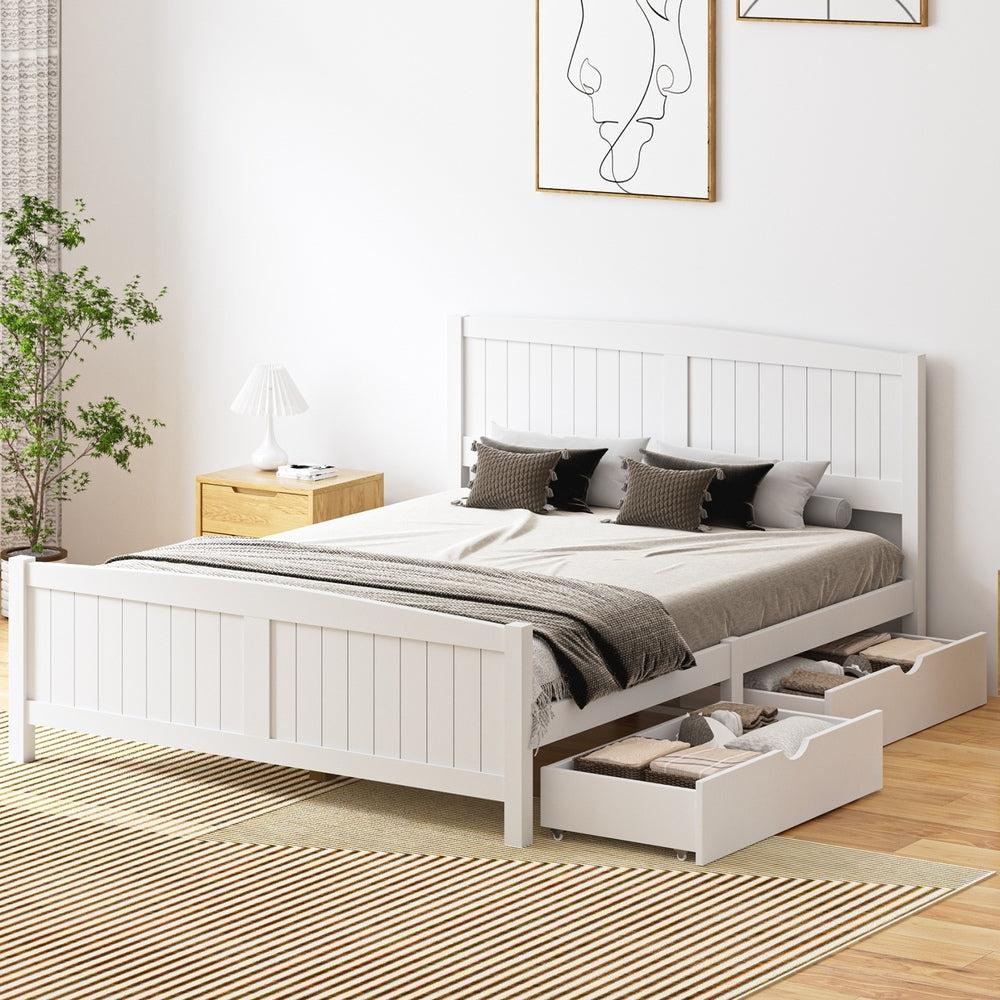 Mila Hampton White Wooden Bed Frame with Dual Trundle Drawers  | Solid Modern Timber Bed High Quality Frame and Draws