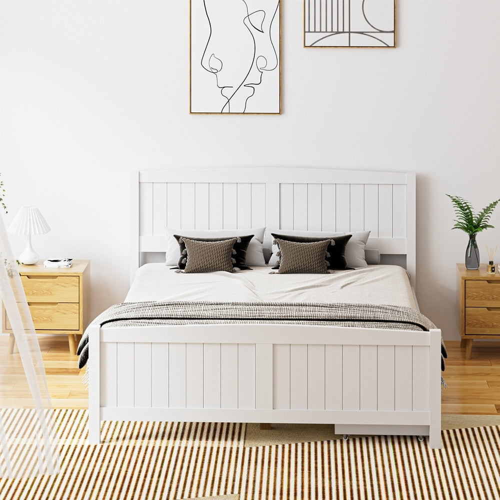 Mila Hampton White Wooden Bed Frame with Dual Trundle Drawers  | Solid Modern Timber Bed High Quality Frame and Draws