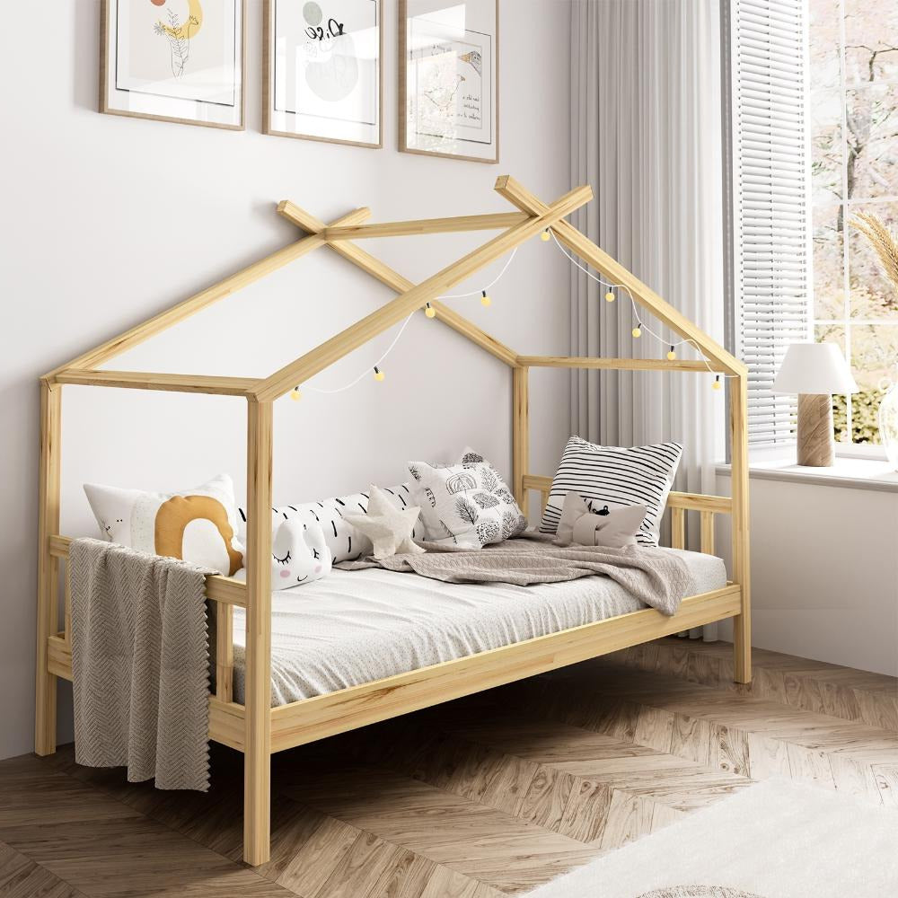 Scandi Luxe Premium Kids Timber House Bed | Funzee Kids House Style Bed Frame in Single | 2 Colours