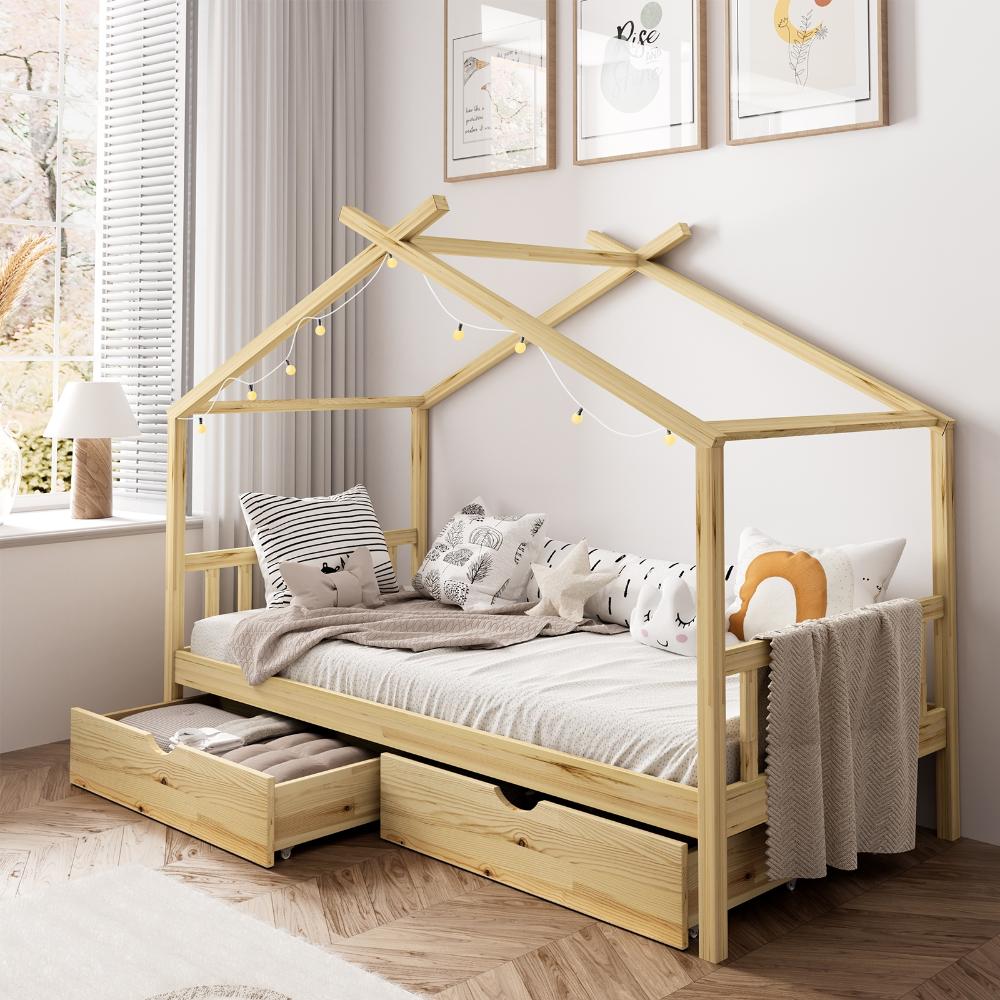 Scandi Luxe Premium Kids Timber House Bed with Drawers | Funzee Kids House Style Storage Bed Frame in Single and 2 Drawers | 2 Colours