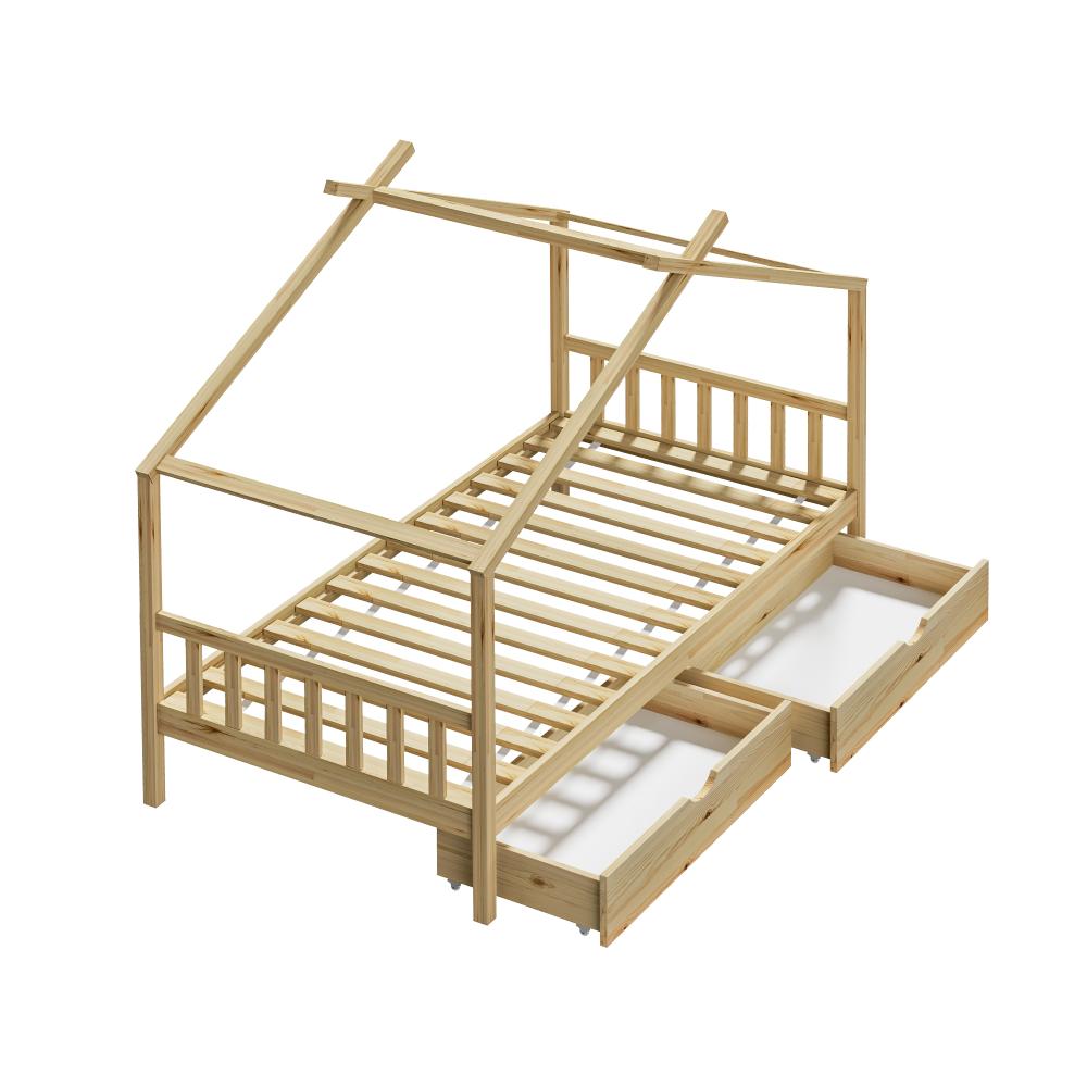 Scandi Luxe Premium Kids Timber House Bed with Drawers | Funzee Kids House Style Storage Bed Frame in Single and 2 Drawers | 2 Colours