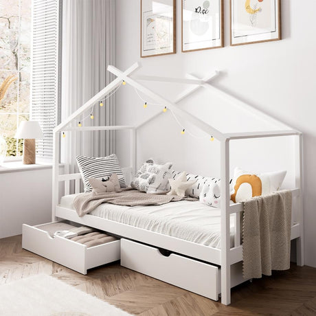 Scandi Luxe Premium Kids Timber House Bed with Drawers | Funzee Kids House Style Storage Bed Frame