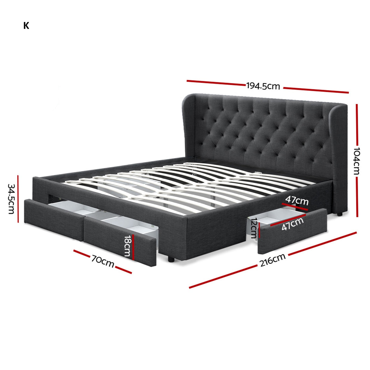 Capri Luxefino Storage Drawer Fabric Bed | Charcoal Multi Storage Tufted Upholstered Bed Frame