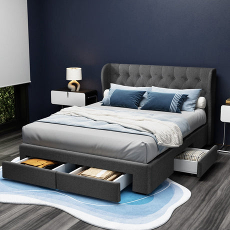 Capri Luxefino Storage Drawer Fabric Bed | Charcoal Multi Storage Tufted Upholstered Bed Frame