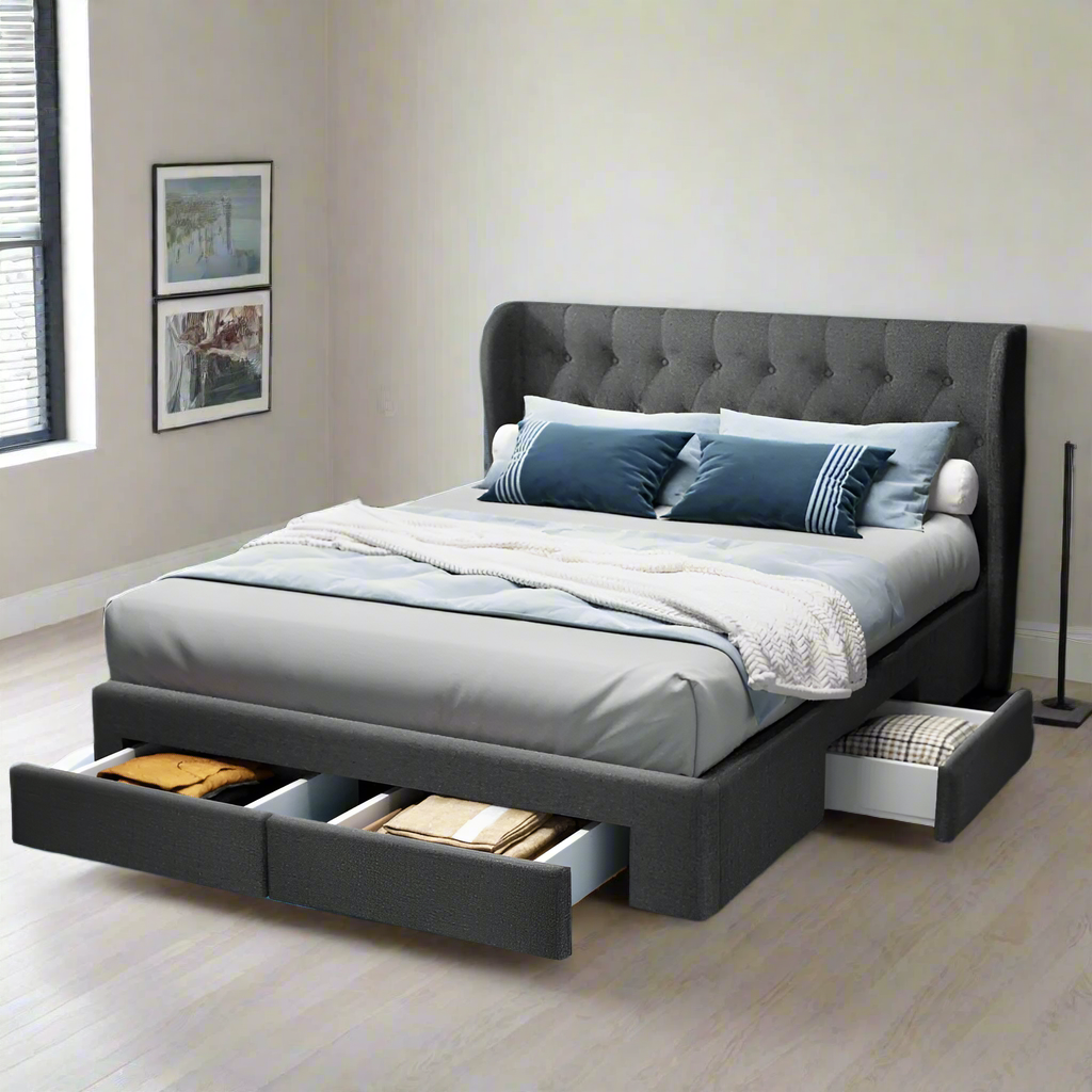 Capri Luxefino Storage Drawer Fabric Bed | Charcoal Multi Storage Tufted Upholstered Bed Frame | 2 Sizes