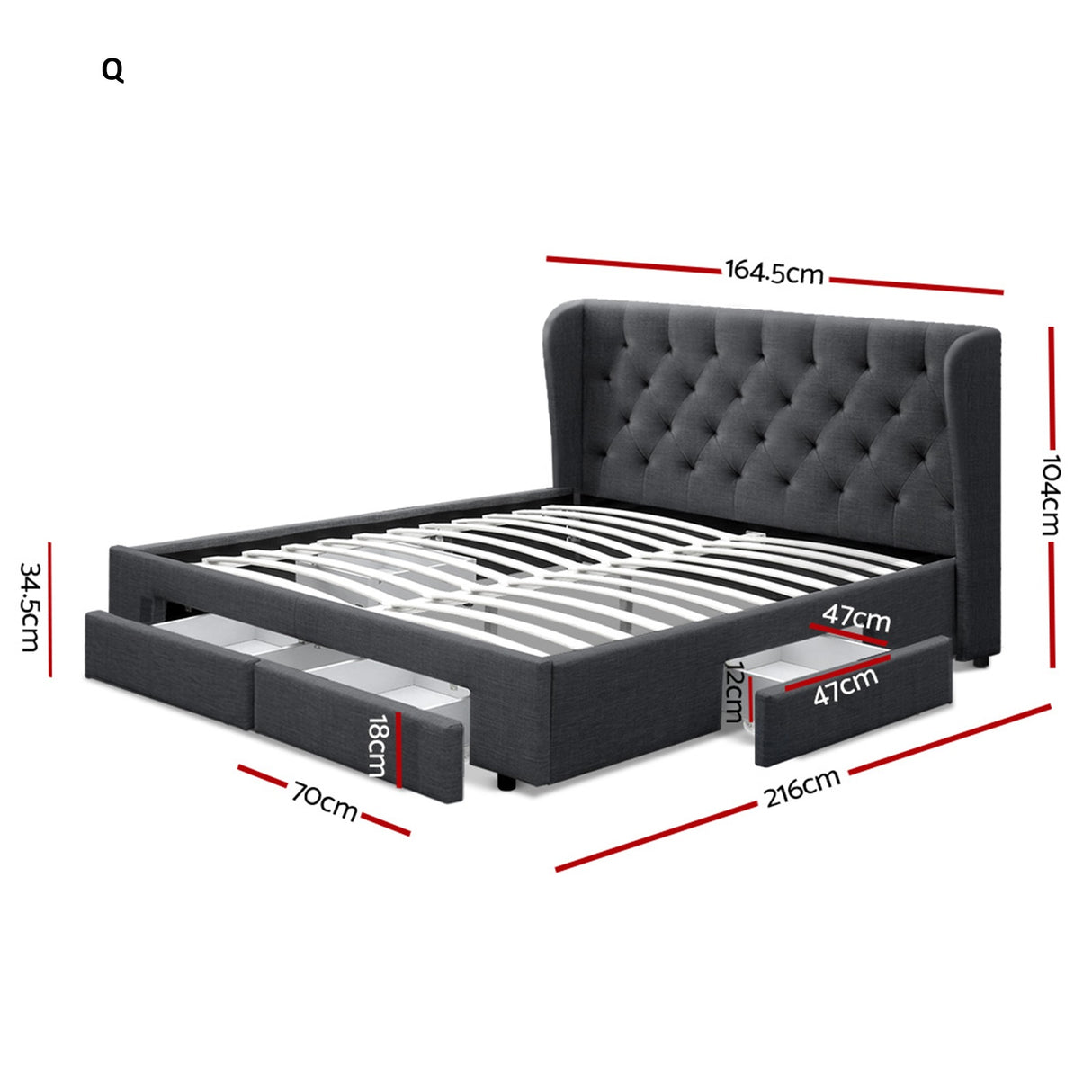 Capri Luxefino Storage Drawer Fabric Bed | Charcoal Multi Storage Tufted Upholstered Bed Frame | 2 Sizes