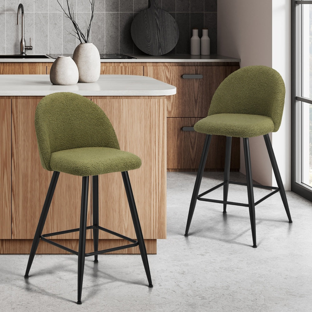 Set of Two Capri Boucle Fabric High Back Barstools | Stylish Modern Boucle Barstools Set | Green-White Options