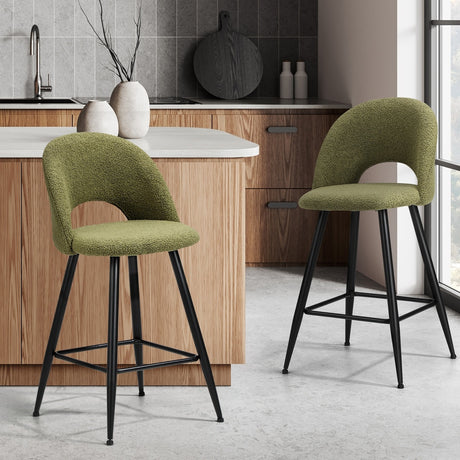 Set of Two Romana Boucle Fabric High Back Barstools | Stylish Modern Boucle Barstools Set | Green-White Options