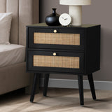 Abruzzi Nero Wood and Rattan Bedside Table | Storage 2 Drawer Nightstand Cabinet