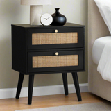 Abruzzi Nero Wood and Rattan Bedside Table | Storage 2 Drawer Nightstand Cabinet