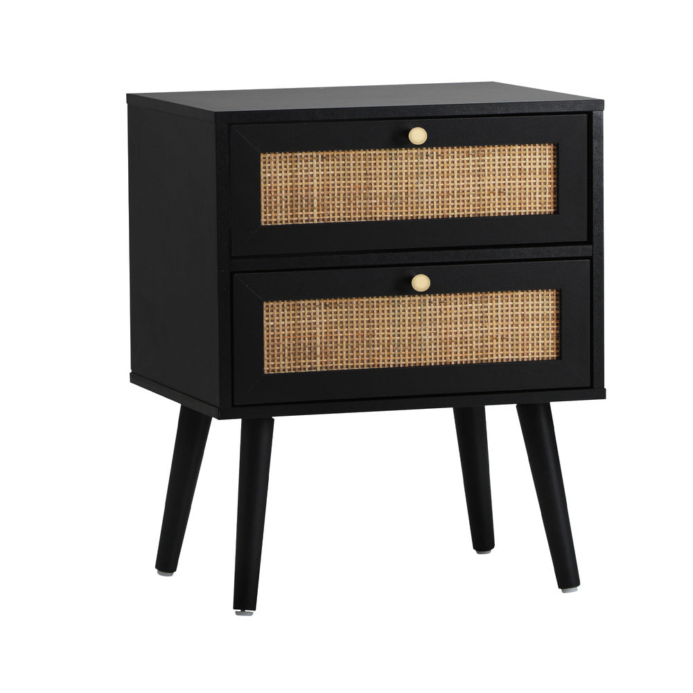 Abruzzi Nero Wood and Rattan Bedside Table | Storage 2 Drawer Nightstand Cabinet