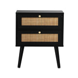 Abruzzi Nero Wood and Rattan Bedside Table | Storage 2 Drawer Nightstand Cabinet