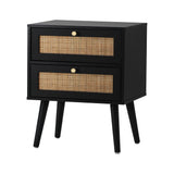 Abruzzi Nero Wood and Rattan Bedside Table | Storage 2 Drawer Nightstand Cabinet