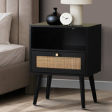 Abruzzi Nero Wood and Rattan Bedside Table | Storage 2 Drawer Nightstand Cabinet