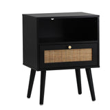 Abruzzi Nero Wood and Rattan Bedside Table | Storage 2 Drawer Nightstand Cabinet