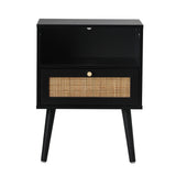 Abruzzi Nero Wood and Rattan Bedside Table | Storage 2 Drawer Nightstand Cabinet