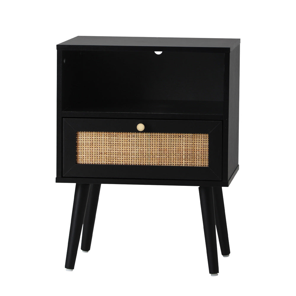 Abruzzi Nero Wood and Rattan Bedside Table | Storage 2 Drawer Nightstand Cabinet