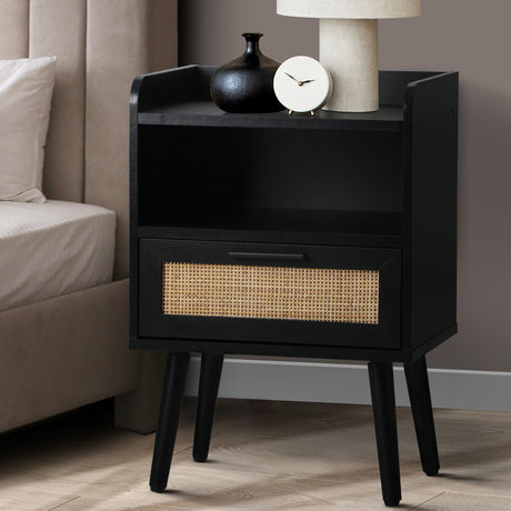 Abruzzi Nero Wood and Rattan Bedside Table | Storage 2 Drawer Nightstand Cabinet