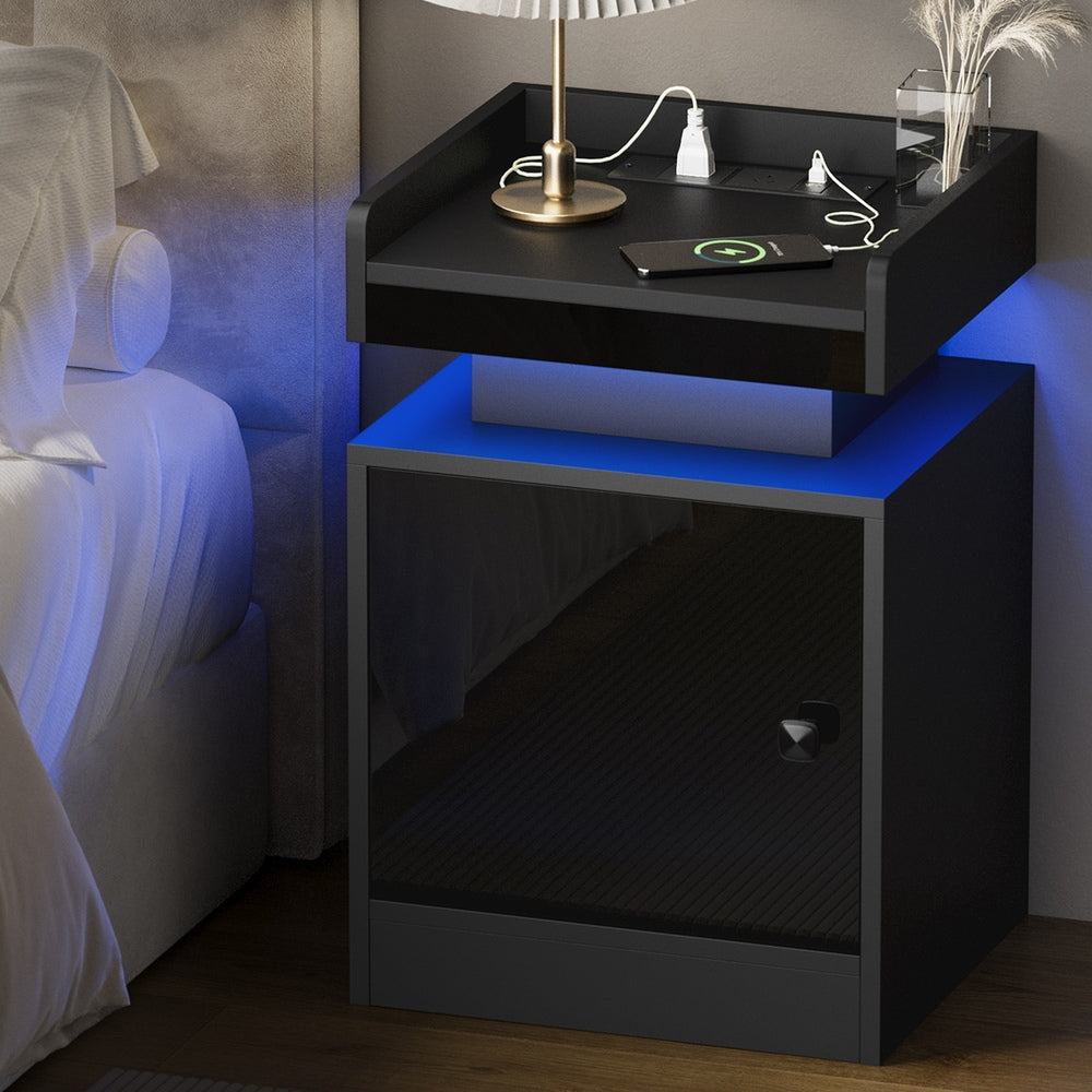 Neo Luxe LED Multicolour Bedside Table | Modern Glossy Storage Nightstand Bedside Unit with USB Port | 3 Finishes