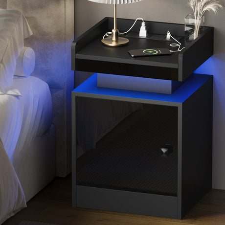 Neo Luxe LED Multicolour Bedside Table | Modern Glossy Storage Nightstand Bedside Unit with USB Port