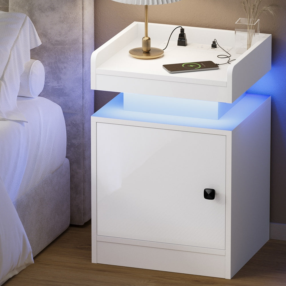 Neo Luxe LED Multicolour Bedside Table | Modern Glossy Storage Nightstand Bedside Unit with USB Port | 3 Finishes