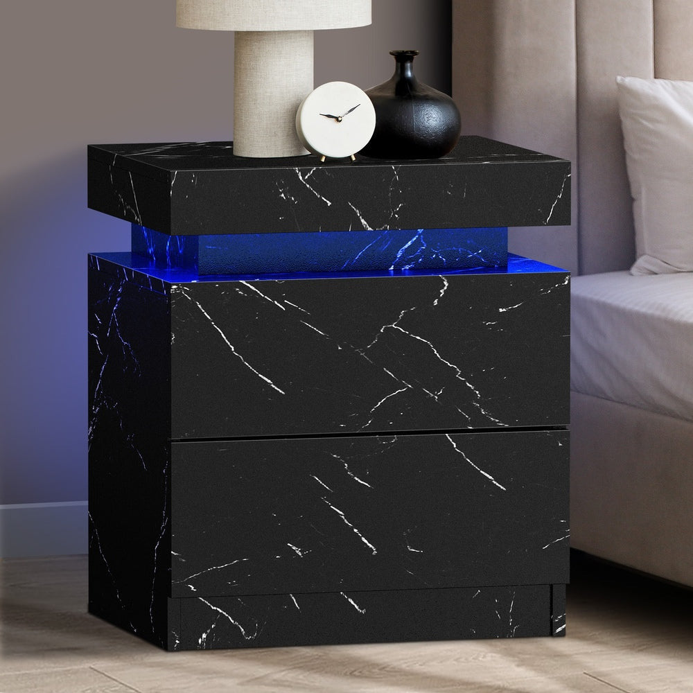 Carrara Lux LED Multicolour Bedside Table | Modern Marble Style Storage Nightstand Bedside Unit