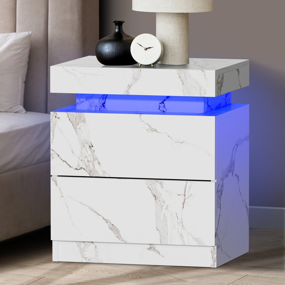 Carrara Lux LED Multicolour Bedside Table | Modern Marble Style Storage Nightstand Bedside Unit