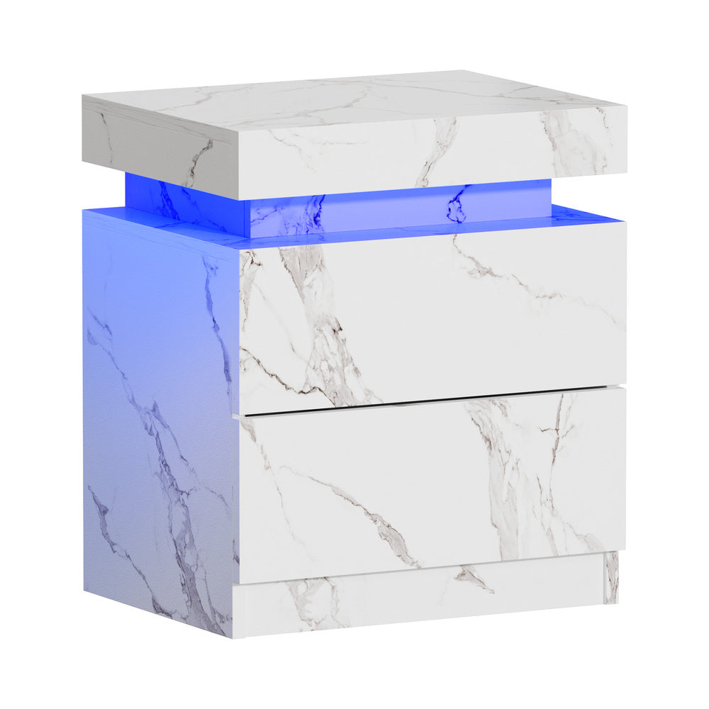 Carrara Lux LED Multicolour Bedside Table | Modern Marble Style Storage Nightstand Bedside Unit