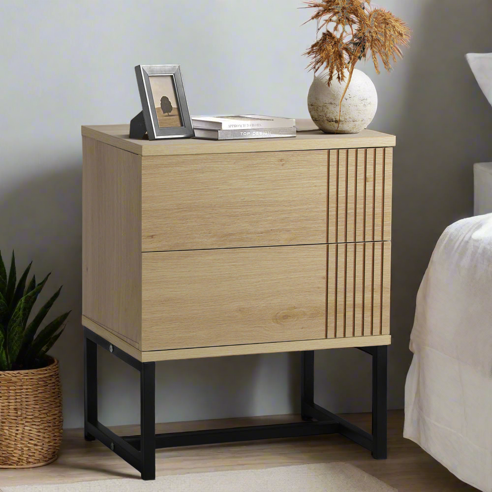 Belgrado Modern Wood and Metal Bedside Tables | Natural Wood and Metal Nightstand