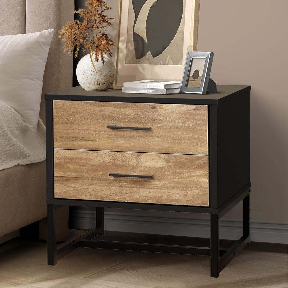 Foreno Industrial Style Rustic Bedside Table | 2 Drawer Sleek Metal Wood Bed Nightstand