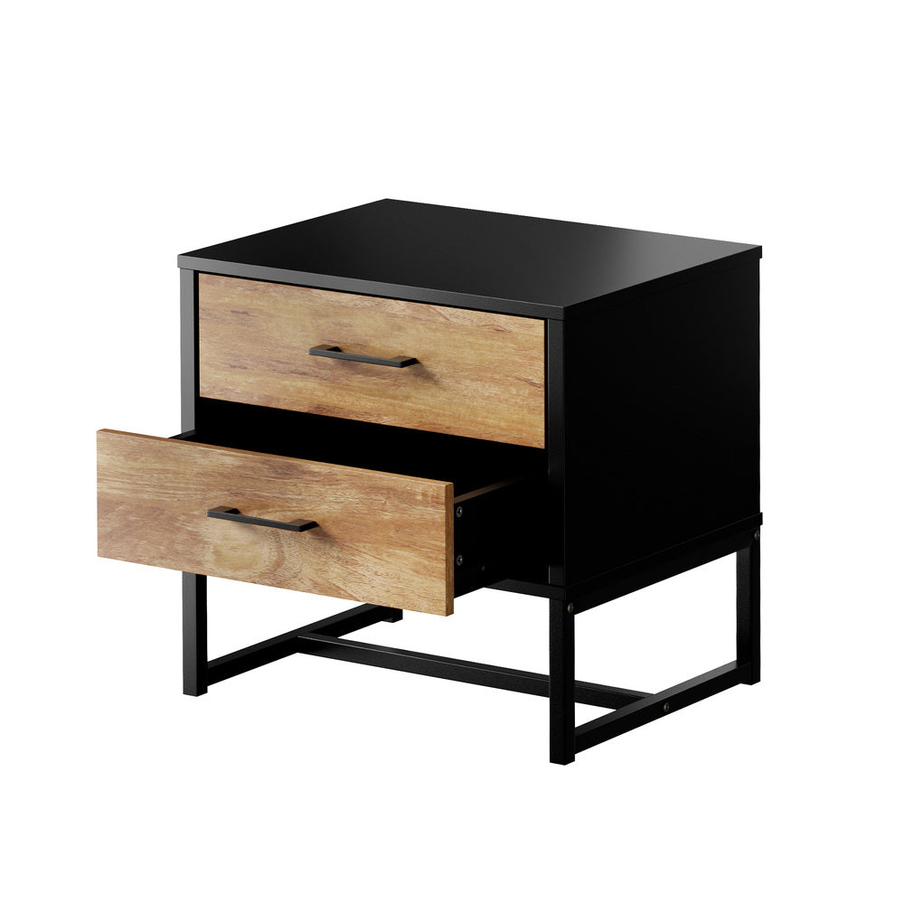 Foreno Industrial Style Rustic Bedside Table | 2 Drawer Sleek Metal Wood Bed Nightstand