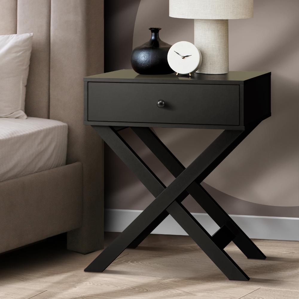 Eros Cross Base Modern Bedside Table | Sleek Storage Draw Nightstand Table