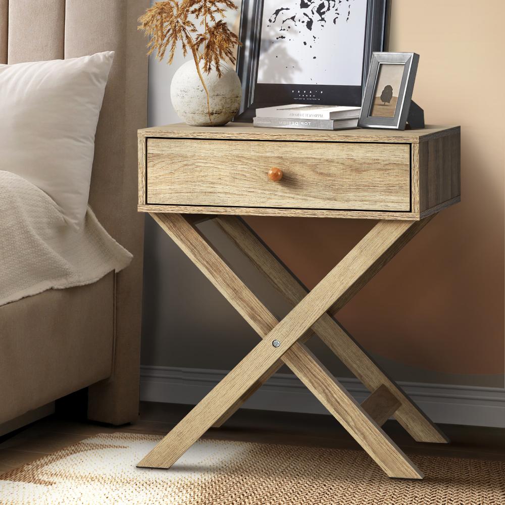 Eros Cross Base Modern Bedside Table | Sleek Storage Draw Nightstand Table