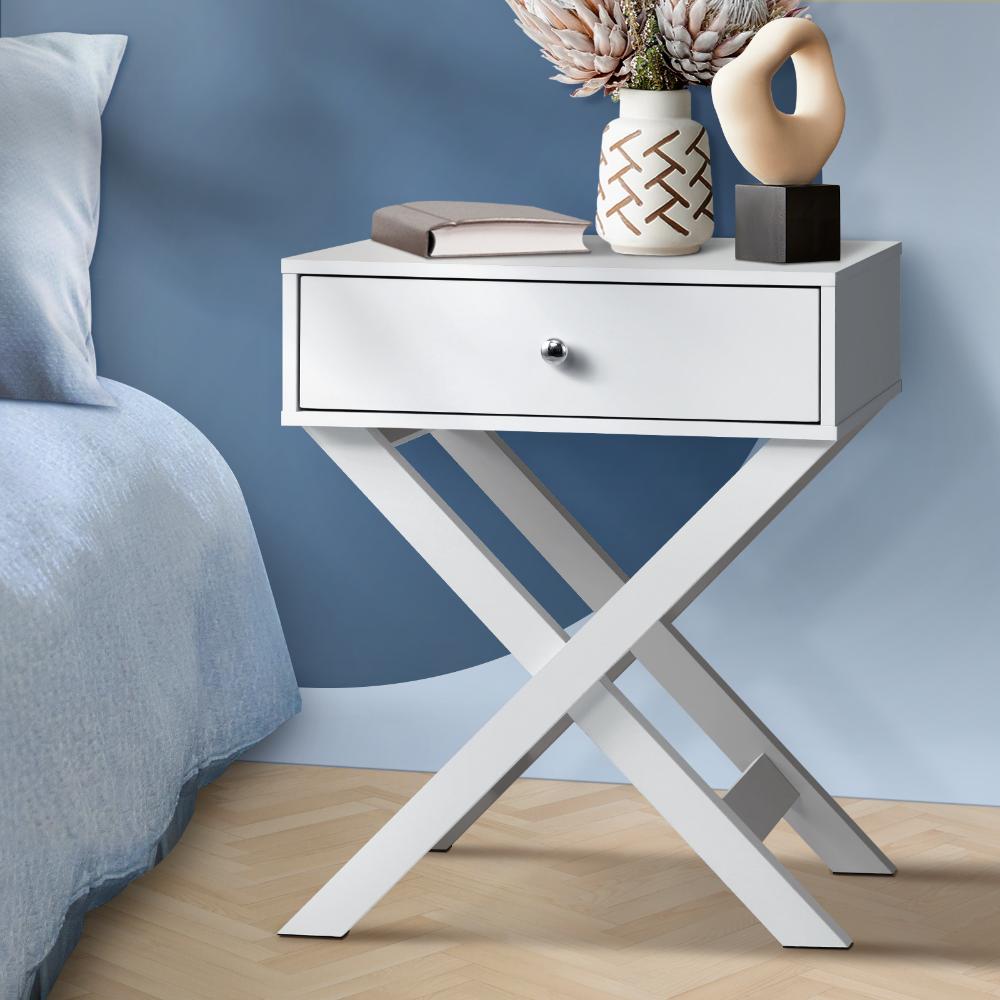 Eros Cross Base Modern Bedside Table | Sleek Storage Draw Nightstand Table