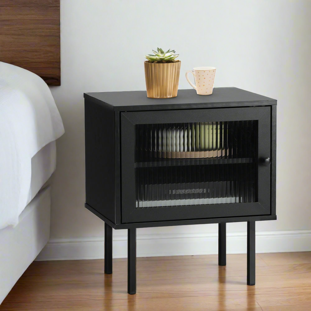 Barbados Modern Bedside Table with Fluted Glass Door | Hampton Style Bedside Table and Storage Drawers | 3 Colours