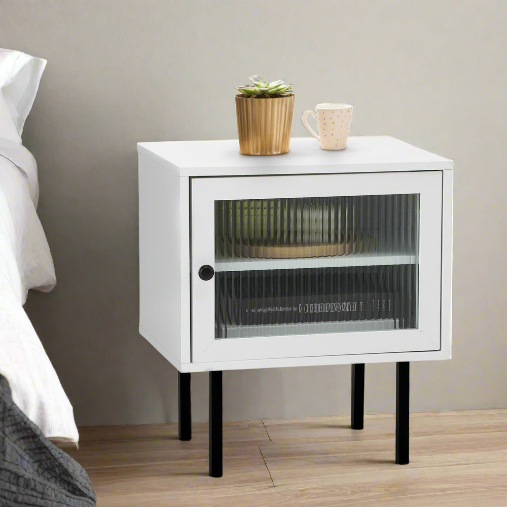 Barbados Modern Bedside Table with Fluted Glass Door | Hampton Style Bedside Table and Storage Drawers | 3 Colours