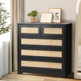 Centrum Modern 5 Chest of Drawers | Rattan Style 5 Draw Storage Dresser Unit in Black