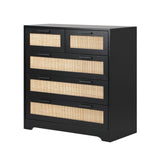 Centrum Modern 5 Chest of Drawers | Rattan Style 5 Draw Storage Dresser Unit in Black