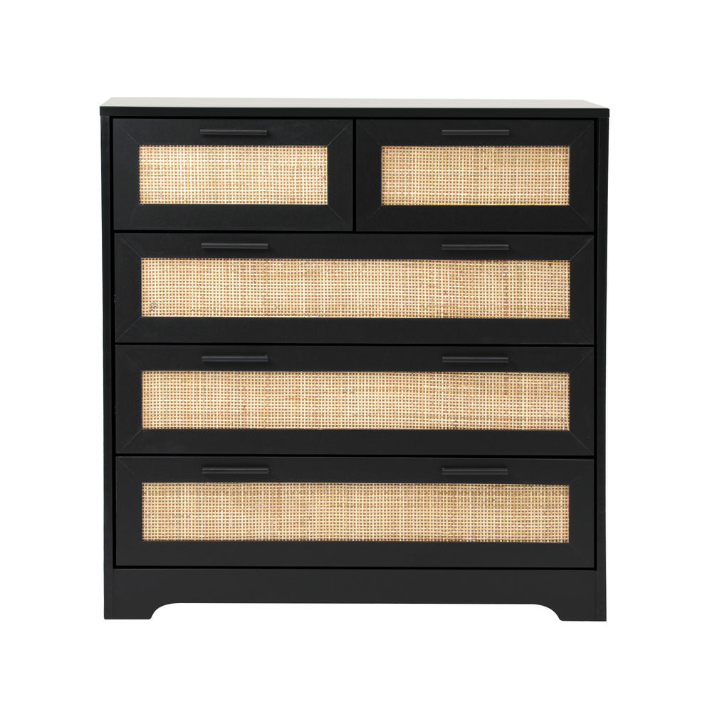 Centrum Modern 5 Chest of Drawers | Rattan Style 5 Draw Storage Dresser Unit in Black