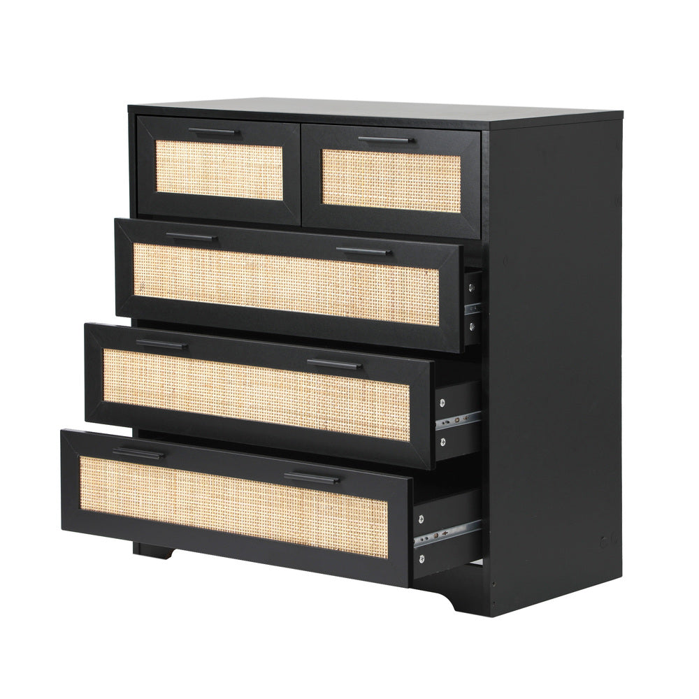 Centrum Modern 5 Chest of Drawers | Rattan Style 5 Draw Storage Dresser Unit in Black