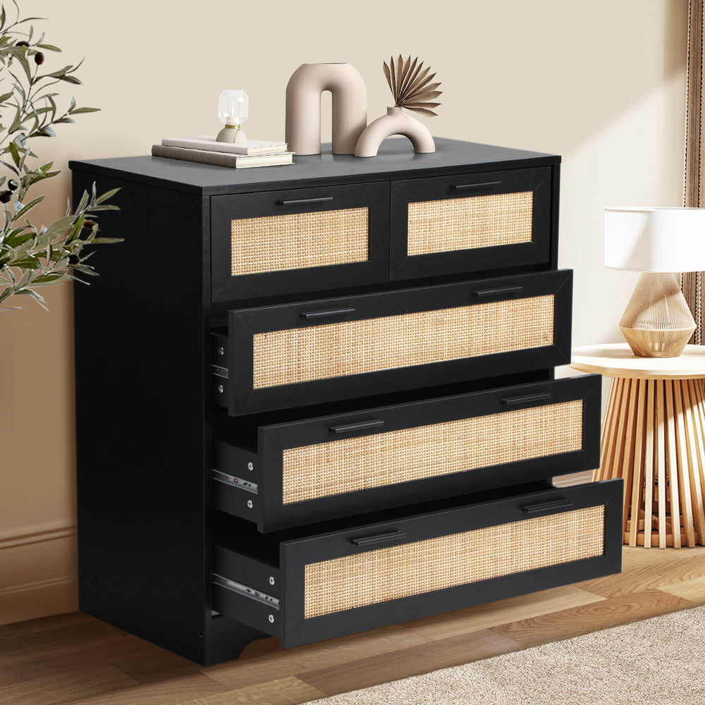 Centrum Modern 5 Chest of Drawers | Rattan Style 5 Draw Storage Dresser Unit in Black