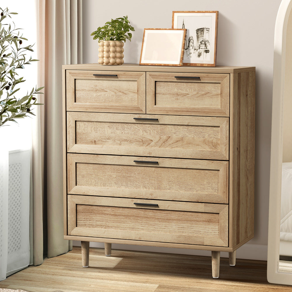 Essenza Mila 5 Draw Modern Dresser Tallboy | 5 Draw Chest Of Drawers Wooden Storage Unit | 2 Colours