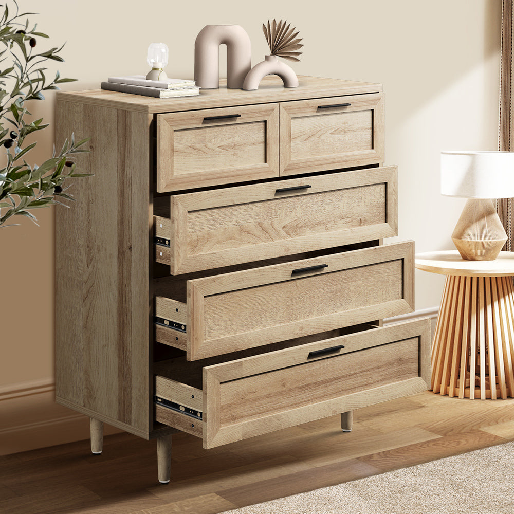 Essenza Mila 5 Draw Modern Dresser Tallboy | 5 Draw Chest Of Drawers Wooden Storage Unit | 2 Colours