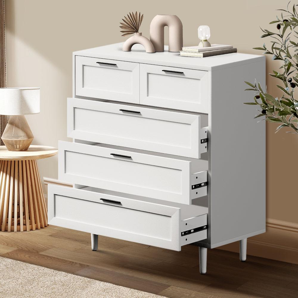 Essenza Mila 5 Draw Modern Dresser Tallboy | 5 Draw Chest Of Drawers Wooden Storage Unit | 2 Colours