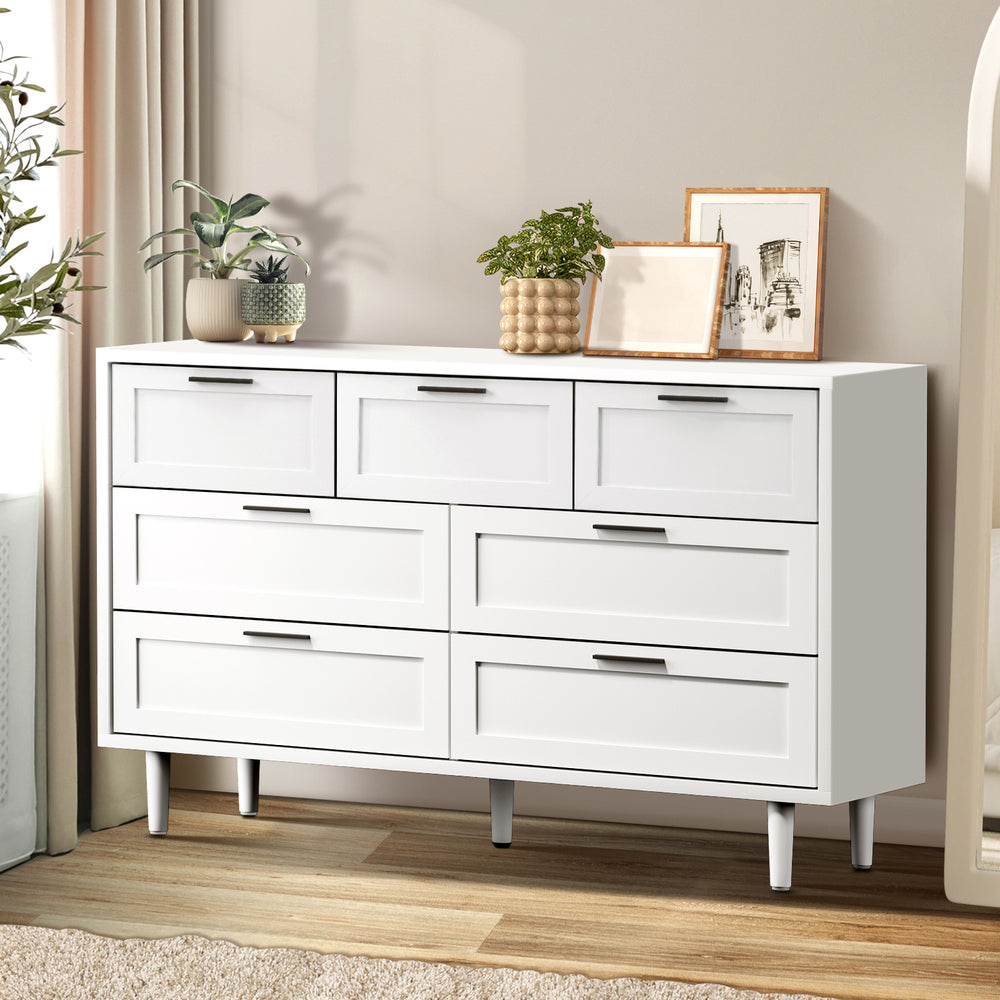 Essenza Mila 7 Draw Modern Dresser Tallboy | 7 Draw Chest Of Drawers Wooden Storage Unit | 2 Colours