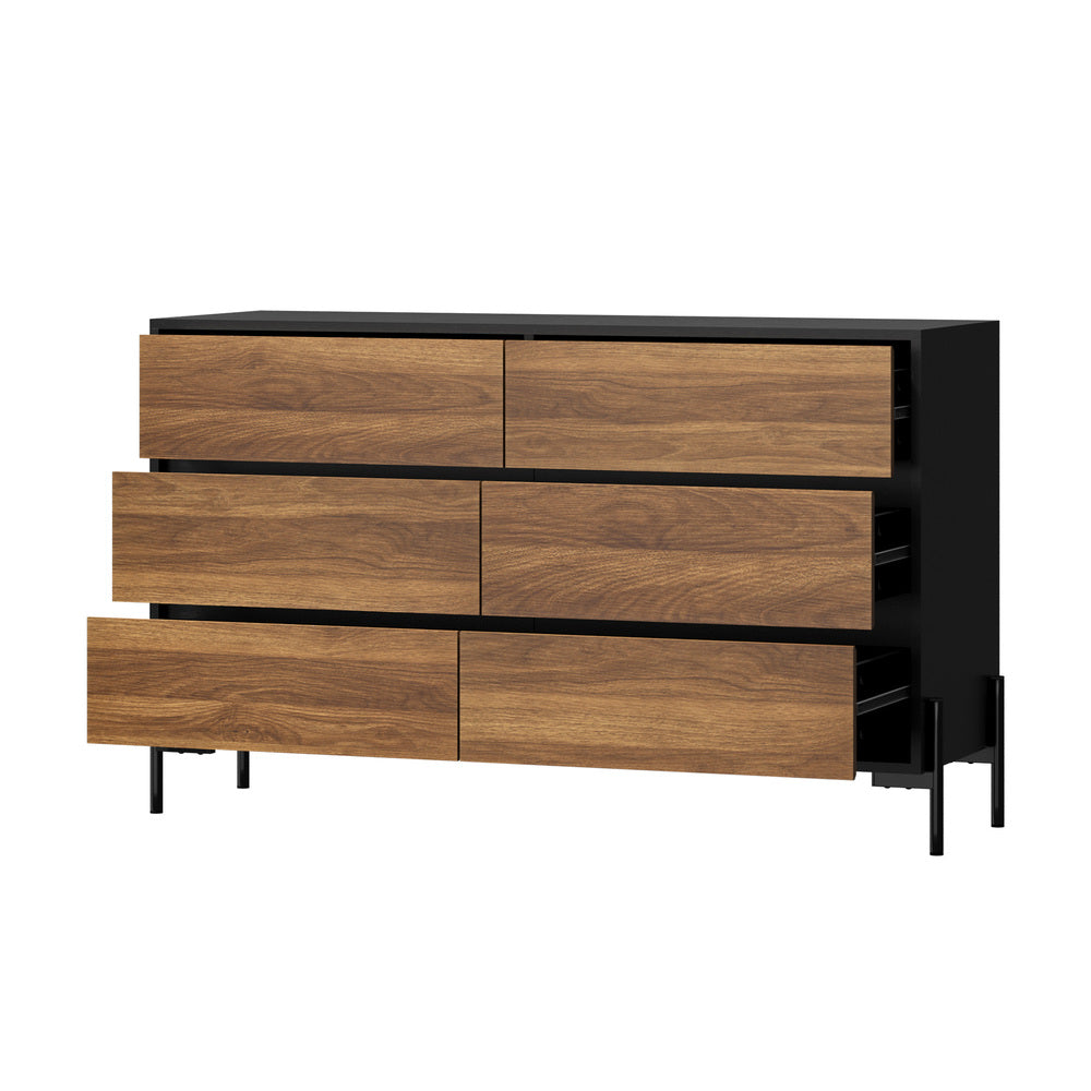 Bellevue 6 Chest of Drawers Dresser Unit| Industrial Style Wood and Metal Tallboy Storage Cabinet