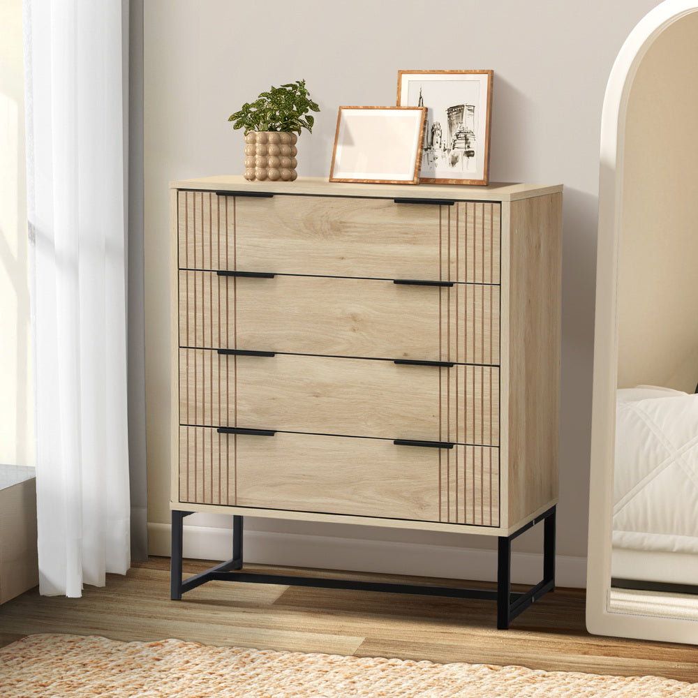 Belgrado 4 Chest of Drawers Tallboy Cabinet | Natural Wood and Metal Storage Unit