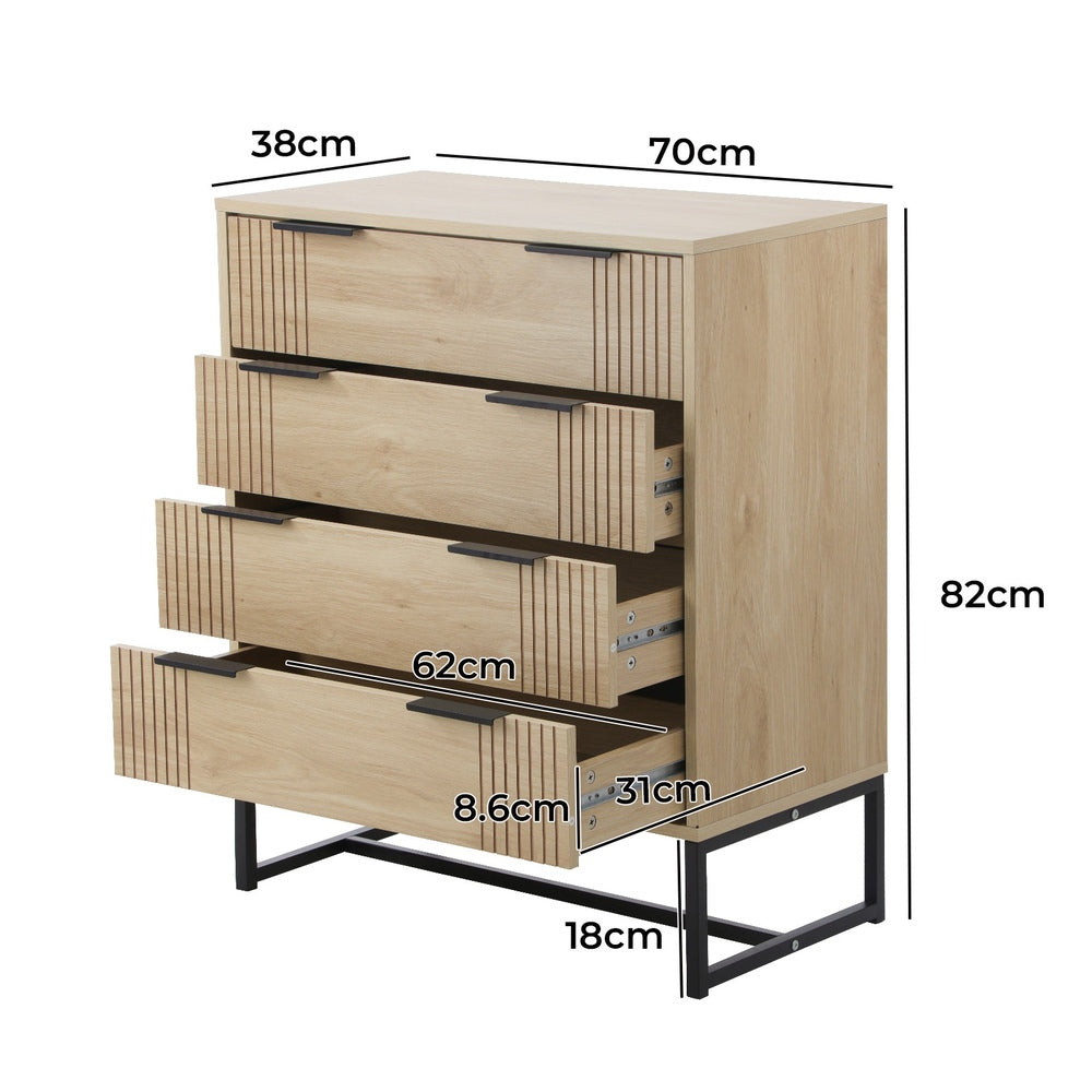 Belgrado 4 Chest of Drawers Tallboy Cabinet | Natural Wood and Metal Storage Unit